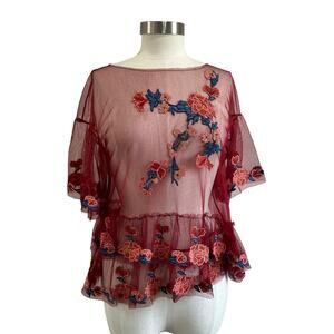 Zara Floral Embroidery Maroon Boho Mesh Peplum Blouse Size M